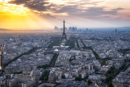 Paris city panoramic sunset view with Eiffle Tower in the distance. Famous view from on top of Montparnasse.の写真素材