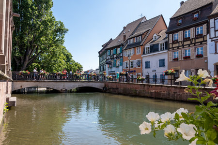 Colmar canal street and half timbered houses. La petite venise canal scenery in Colmar, France. Taken on June 11 2023のeditorial素材