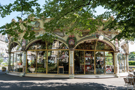 wooden carousel ride taken in colmar champ de mars park in colmar, france. Taken on June 11. 2023のeditorial素材