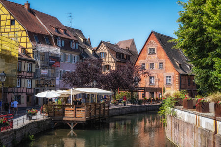 Colmar canal street and half timbered houses. La petite venise canal scenery in Colmar, France. Taken on June 11 2023のeditorial素材