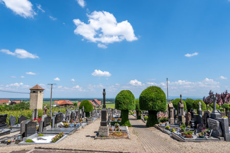 Grave and tombstones in the backyard of Katzenthal church in Alsace region of France. Taken on June 11 2023のeditorial素材