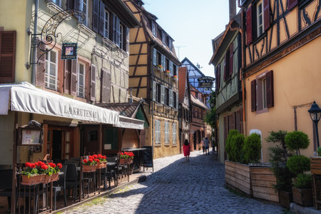 Small alleyway with Alsatian half timbered houses built along. Taken in Colmar, Franceのeditorial素材