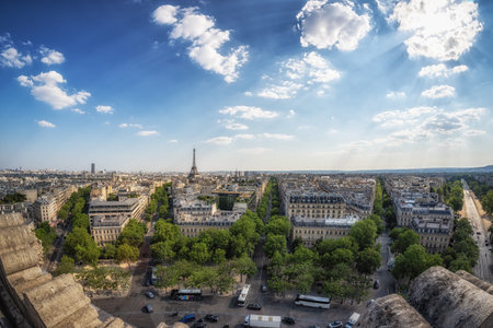 Fisheyes view of eiffel tower viewed from top of Arc de Triomphe. Famous landmark in Paris, France.のeditorial素材