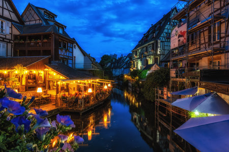 Colmar Little Venice Canal night view from saint pierre bridge. Famous travel destination in Colmar, France. June 12 2023のeditorial素材