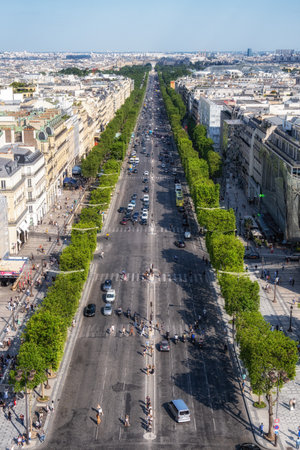 The view of Avenue des Champs Elysees from top of Arc de Triomphe. Famous luxury shopping road in Paris, France. Taken on June 15 2023のeditorial素材