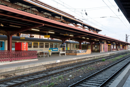 strasbourg ville train station main railway with trains parked on the rails. Main train station in Strasbourg, France. Taken on June 11 2023.のeditorial素材
