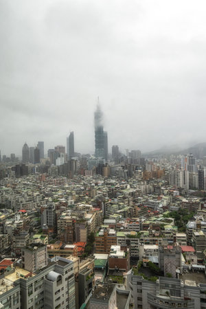 View of Taipei 101 an iconic landmark in Taipei, Taiwan. Taken during a rainy dayの写真素材