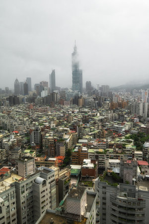 View of Taipei 101 an iconic landmark in Taipei, Taiwan. Taken during a rainy dayの写真素材