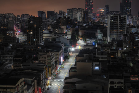 The view of Kaohsiung and 85 sky tower in the distance taken at night. Taken in Kaohsiung, Taiwan on...
