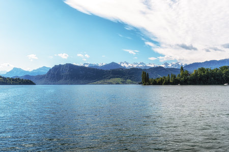Lake lucerne viewed from a tour cruise. Famous lake in Luzern, Switzerlandの写真素材