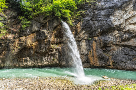 A small waterfall in Aare Gorge over the Aare river in Switzerland.の写真素材