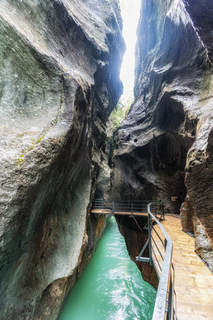 Aare Gorge limestone ridges and formations over the Aare River. Famous tourist attraction in Swizerland.の写真素材
