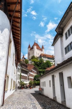 The view of Thun Castle and small road alleyway in Thun, Switzerland. Taken on May 27th 2024の写真素材
