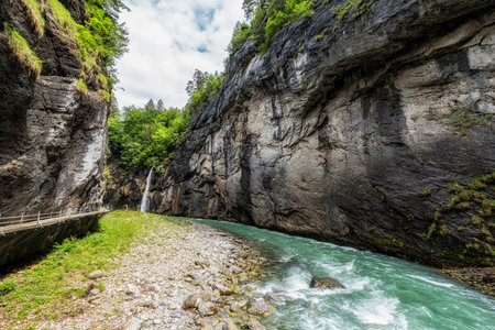 Aare Gorge limestone ridges and formations over the Aare River. Famous tourist attraction in Swizerland.の写真素材