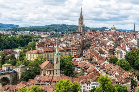 The panaromic view of Bern old city taken from top of Rosengarten Park. Bern, Switzerland