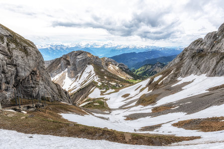 Snow covered Mounnt PIlatus with the view of cogwheel train railway. Taken in Mount PIlatus, Switzerlandの写真素材