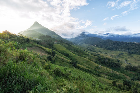 View of mountains and hills amongst rice terraces in Sapa Vietnamの写真素材