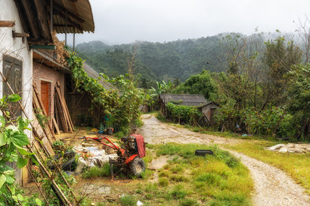 Quiet serene farm countryside view taken in a small village in Sapa, Vietnamの写真素材