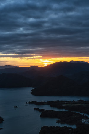 Cheongpyeong ho cable car lake view. Taken atop of Bibongsan mountain top during sunset hours. Famous tourst attraction in Jecheon, South Koreaの写真素材