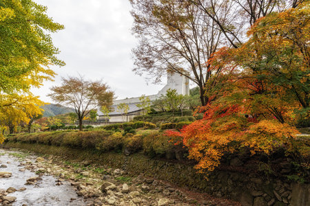 Baeron Holy Ground and surrounding creek taken during autumn foliage season. Famous Catholic historical site in south korea.の写真素材