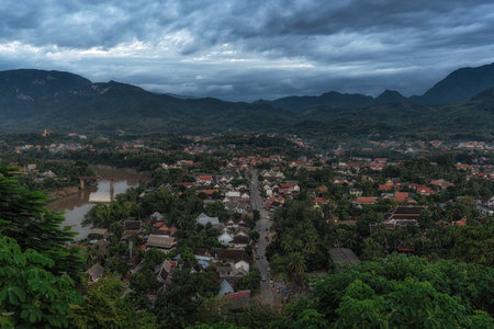 View of Luang Prabang from Phousi Hill with Nam Khan River in the distance. Famous hilltop in Luang Prabang, Laosの写真素材