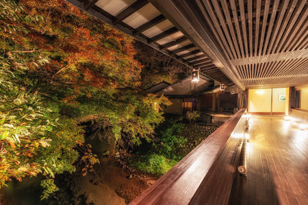 Yoshina river autumn foliage night scenery with lanterns lit up. Taken from a famous ryokan in Izu,...