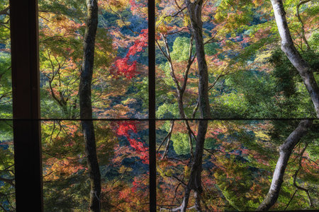 Arashiyama Yusai Tei Gallery autumn fall foliage reflection view. Famous travel destination for autumn colors in Arashiyama, Kyoto, Japanの写真素材