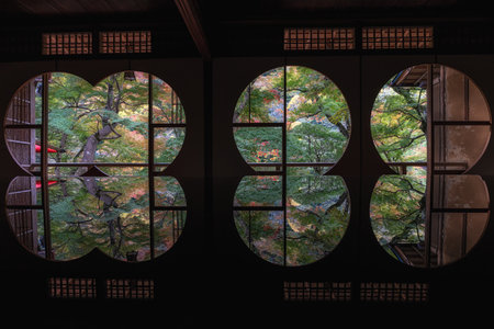 Arashiyama Yusai Tei Gallery autumn fall foliage reflection view. Famous travel destination for...