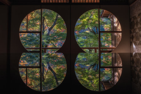 Arashiyama Yusai Tei Gallery autumn fall foliage reflection view. Famous travel destination for...