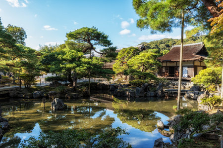 Togudo Hall in Ginkakuji Temple Ground taken with the pond nearby. Famous tourist attraction in Kyoto, Japanの写真素材