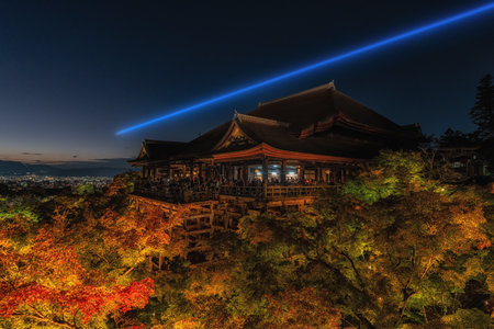Kiyomizudera lit up taken at night during autumn fall foliage season. Famous landmark in Kyoto, Japanの写真素材