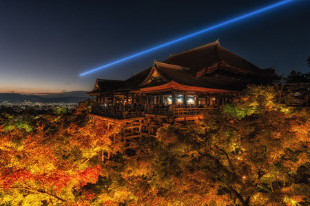 Kiyomizudera lit up taken at night during autumn fall foliage season. Famous landmark in Kyoto, Japanの写真素材