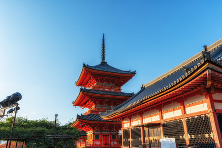 Kiyomizudera Sanjunoto Pagoda sunset view. Taken in Kyoto, Japan.の写真素材