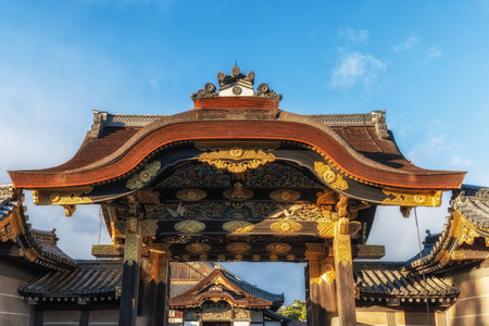 Ninomaru Palace Karamon entrance gate ornate patterns. Taken during Sunset hours. Famous castle in Kyoto, Japanの写真素材