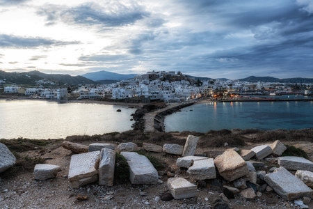 Scenic viewpoint with the sunrise view over Naxos. Tourist attraction in Naxos, Greeceの写真素材