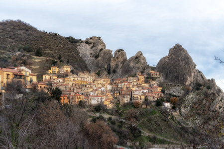 Small mountain village of Castelmezzano located within Dolomiti Lucane mountain range. Famous iconic village in Potenza region, Italyの写真素材