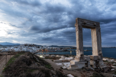 Temple of Apollo scenic viewpoint with the sunrise view over Naxos. Famous tourist attraction in Naxos, Greeceの写真素材