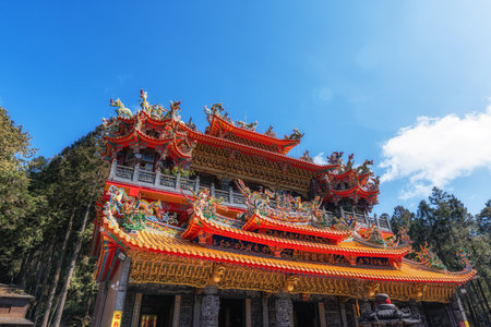 Alishan Shouzhen Temple view. Famous ornate temple shrine in Alishan National Park in Taiwanの写真素材