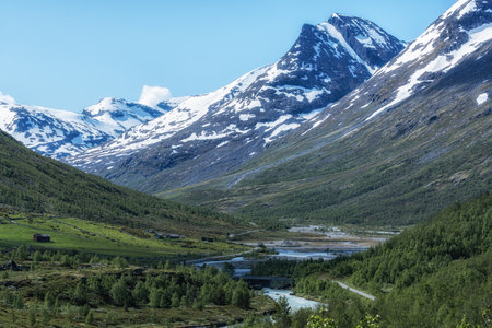 Sognefjellet scenice route surrounding mountains and river view famous tourist scenic route in Norwayの写真素材