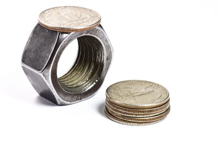 metal nut and dollar coinsの写真素材