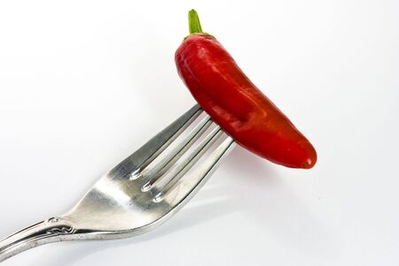 chilli pepper on white background and fork