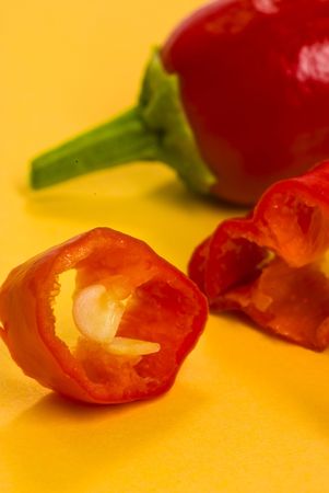 chilli pepper on yellow backgroundの写真素材
