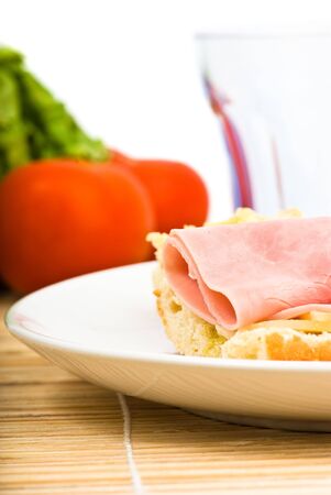 ham and bread on plateの写真素材