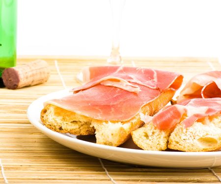 ham and bread on plateの写真素材