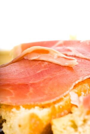 ham and bread on white backgroundの写真素材