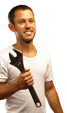 mechanic man with a metal wrench on a white backgroundの写真素材