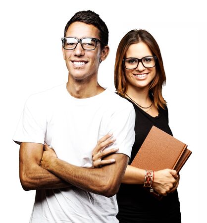 portrait of studentÂ´s group smiling over white background