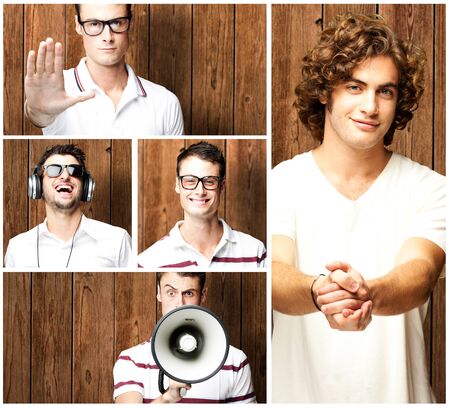 composition of young men against a wooden wallの写真素材