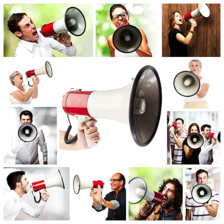 group of different people shouting with a megaphoneの写真素材