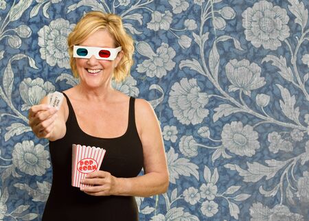 Happy Woman Wearing 3D Glass Isolated On Flora Wallpaper